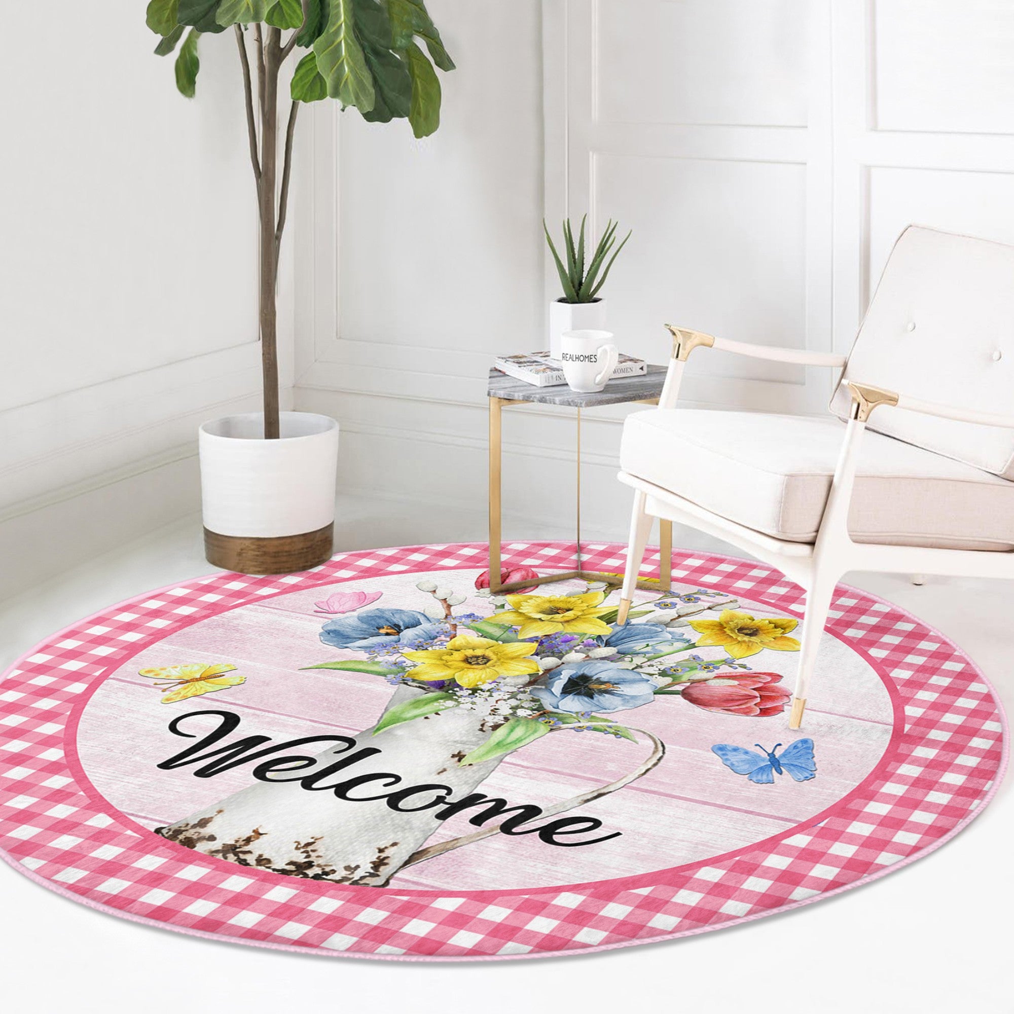 A vibrant round rug featuring a colorful flower pattern and a welcoming sign, perfect for home decor.