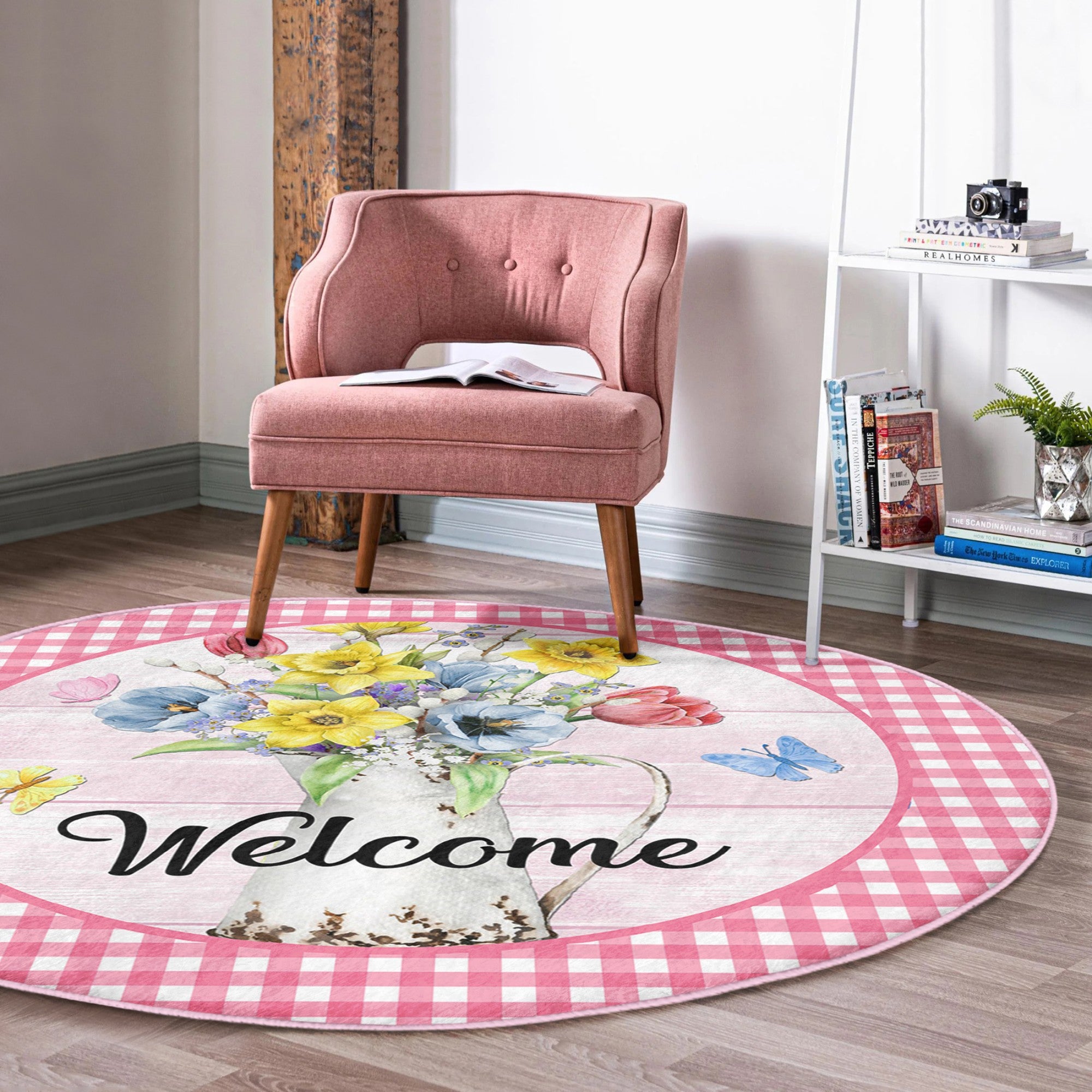 A vibrant round rug featuring a colorful flower pattern and a welcoming sign, perfect for home decor.