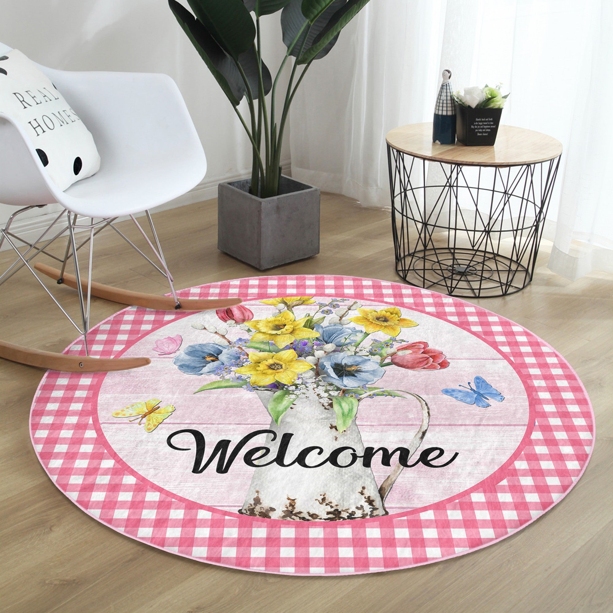 A vibrant round rug featuring a colorful flower pattern and a welcoming sign, perfect for home decor.