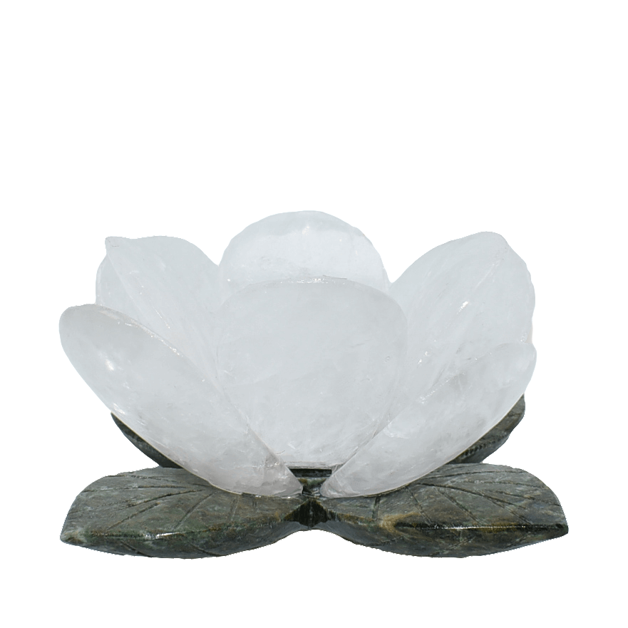 A beautifully carved Flower Quartz Candleholder featuring a delicate flower design atop a polished stone base, available in white and rose quartz.