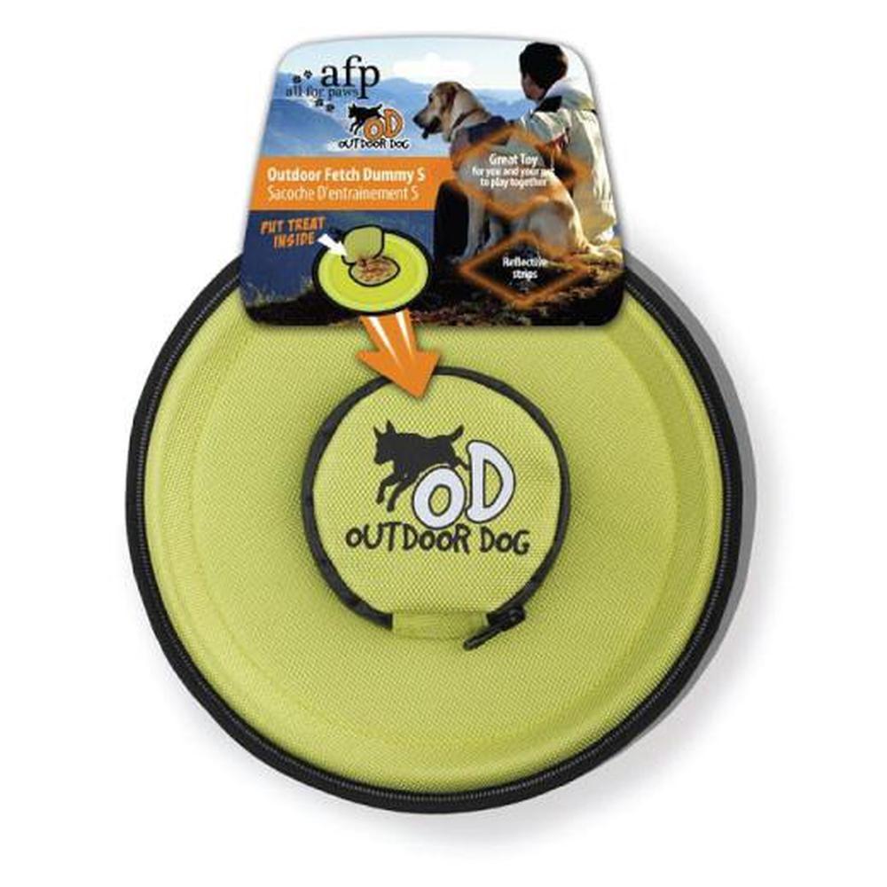 A colorful Flying Disc Fetch Dummy designed for dogs, featuring a treat compartment for interactive play.