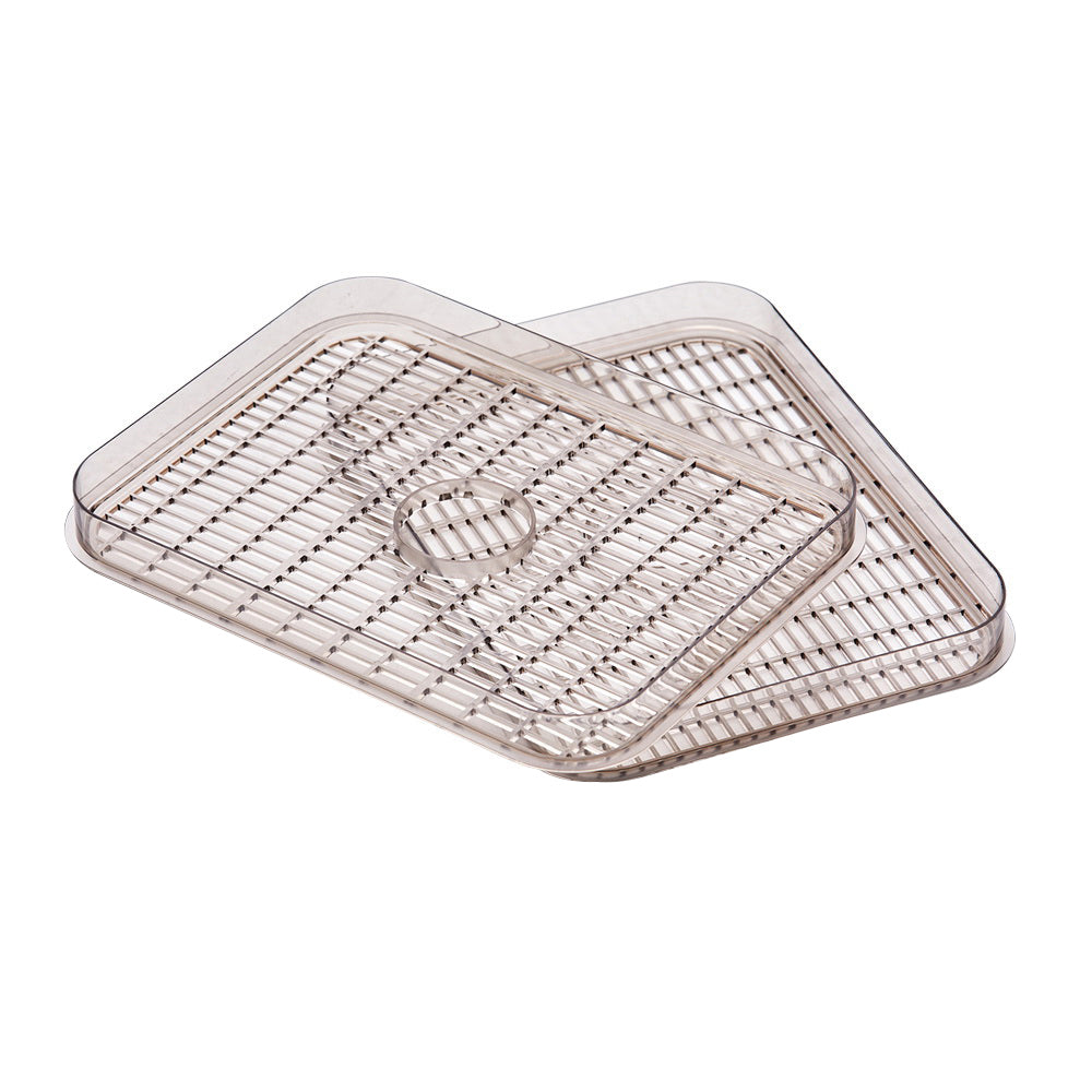 Two transparent food dehydrator add-on trays made of food-grade PS plastic, designed for drying fruits and meats.