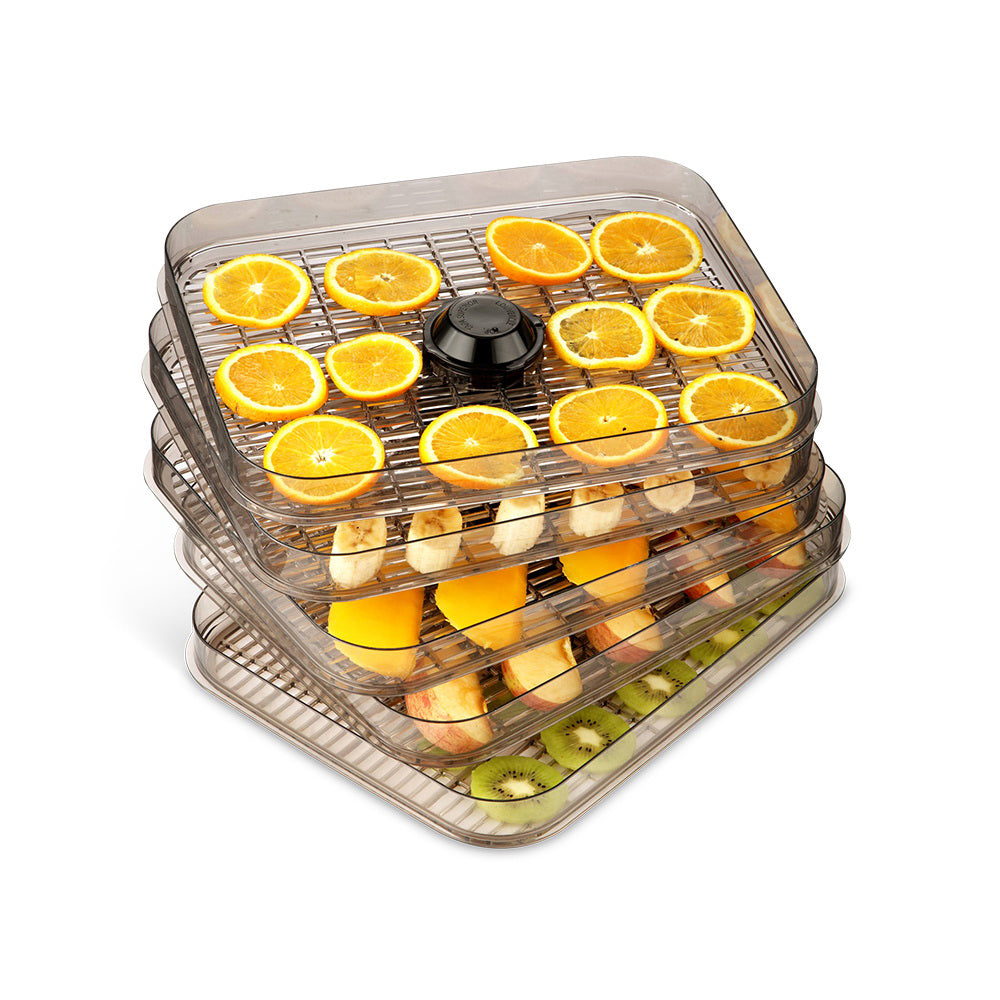 Two transparent food dehydrator add-on trays made of food-grade PS plastic, designed for drying fruits and meats.