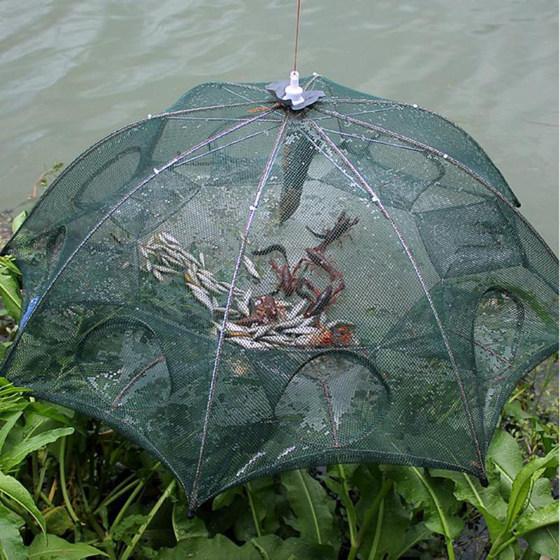 Foldable Crab Fish Trap Cast Net with multiple holes for effective fishing, showcasing its durable design and compact size.