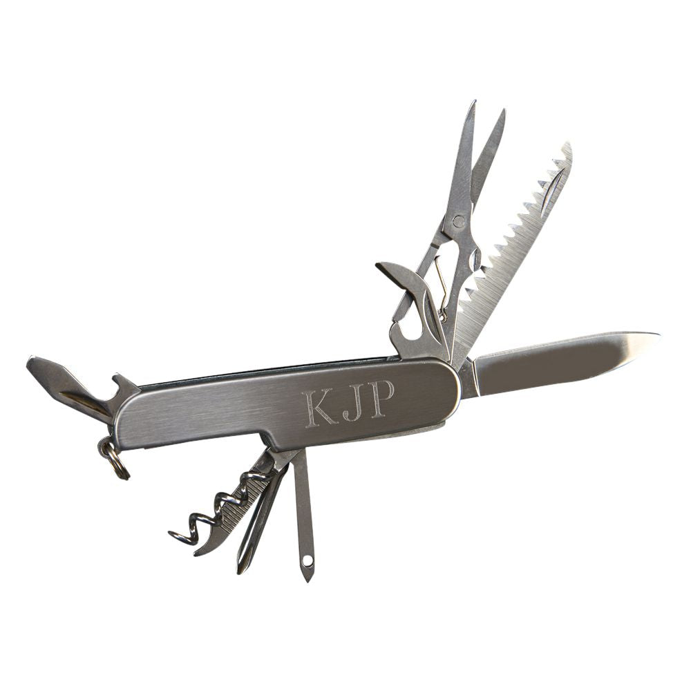 Folding 9-tool pocket knife featuring stainless steel construction with various tools including scissors, corkscrew, and knife blade.