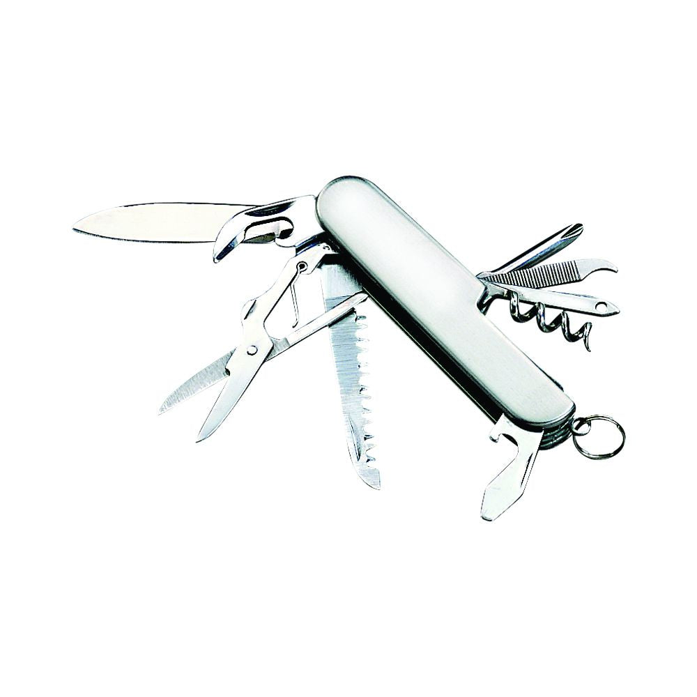 Folding 9-tool pocket knife featuring stainless steel construction with various tools including scissors, corkscrew, and knife blade.