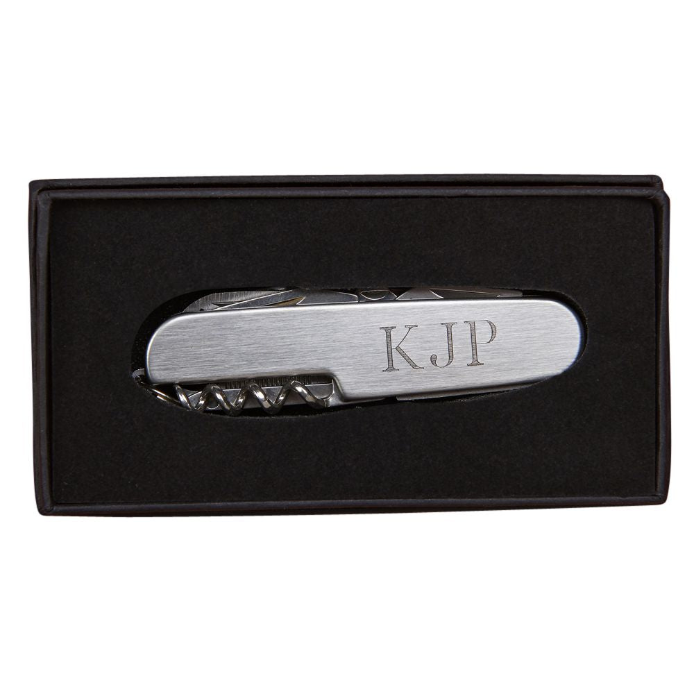 Folding 9-tool pocket knife featuring stainless steel construction with various tools including scissors, corkscrew, and knife blade.