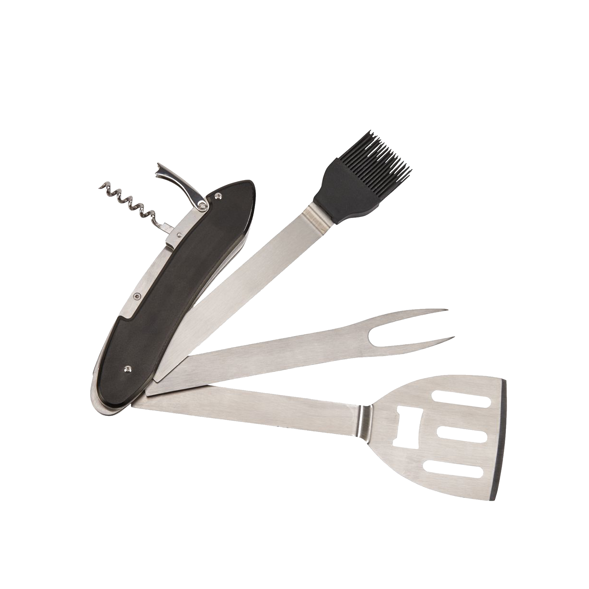 Folding BBQ tools featuring a black handle, spatula, fork, and basting brush, elegantly displayed in a gift box.