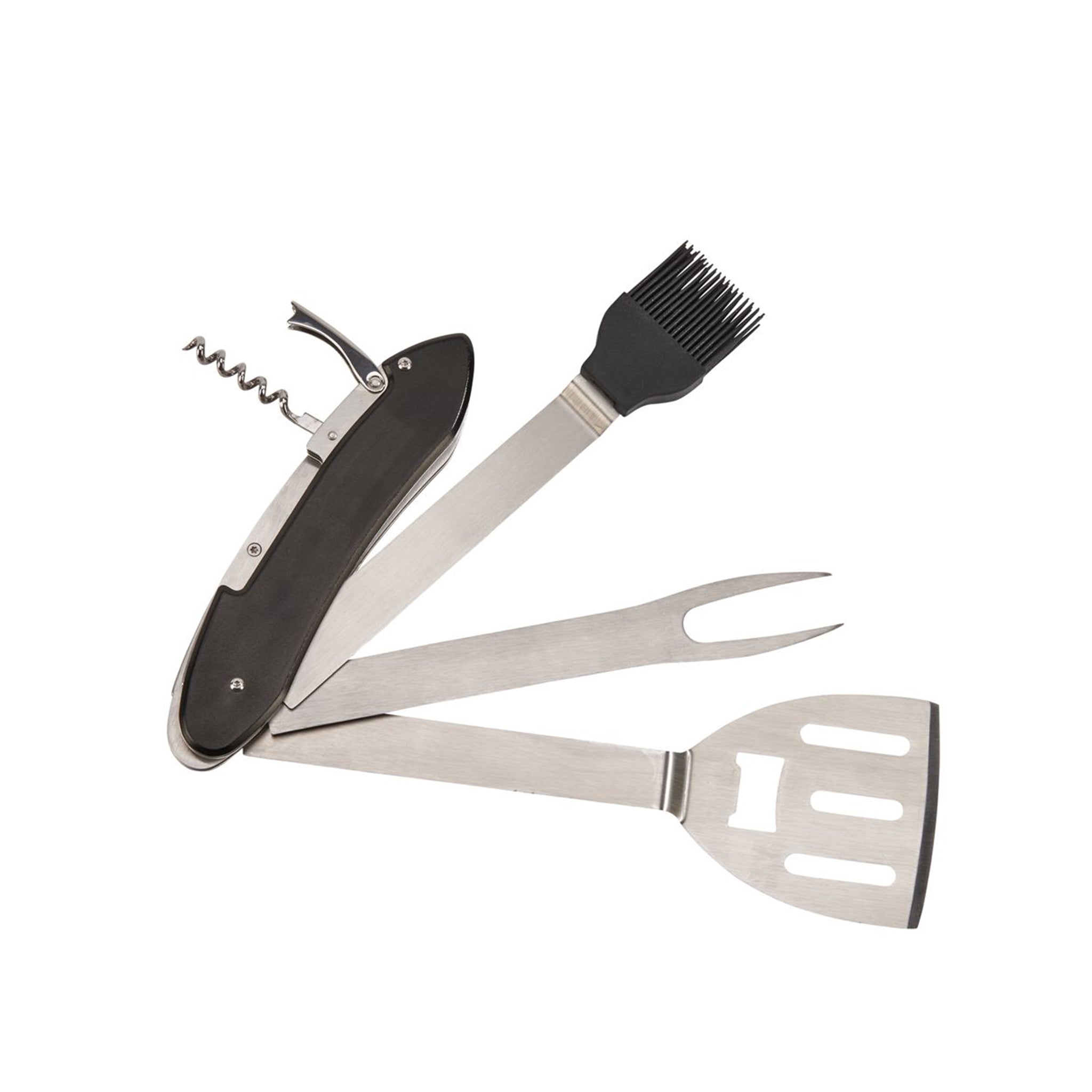 Folding BBQ tools featuring a black handle, spatula, fork, and basting brush, elegantly displayed in a gift box.