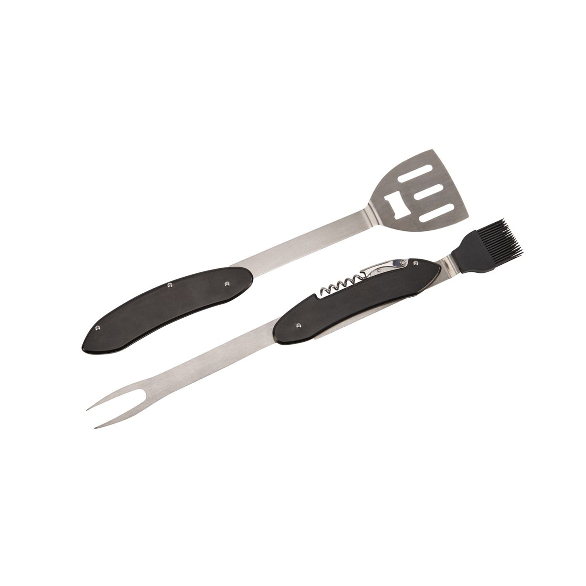 Folding BBQ tools featuring a black handle, spatula, fork, and basting brush, elegantly displayed in a gift box.