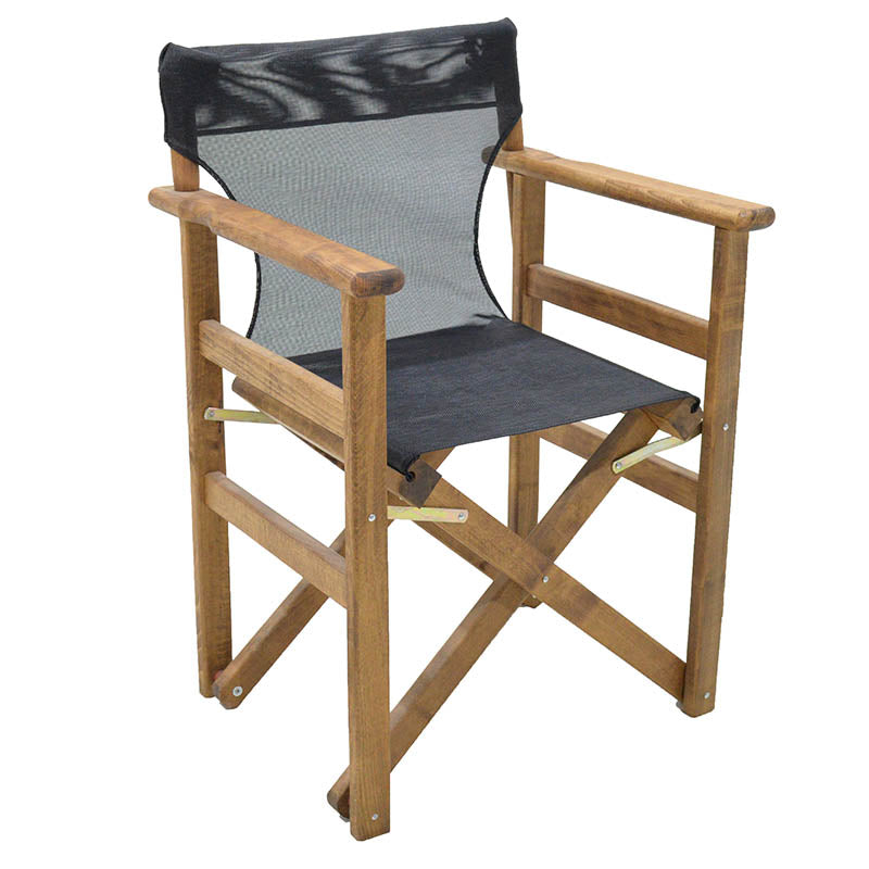 Folding Garden Armchair SPACE in walnut black finish, featuring a solid beech wood frame and perforated black cloth.