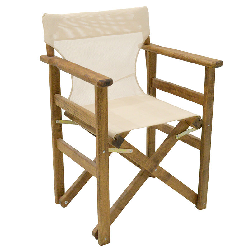 Folding Garden Armchair SPACE in walnut and ecru, showcasing its elegant design and sturdy wooden frame.