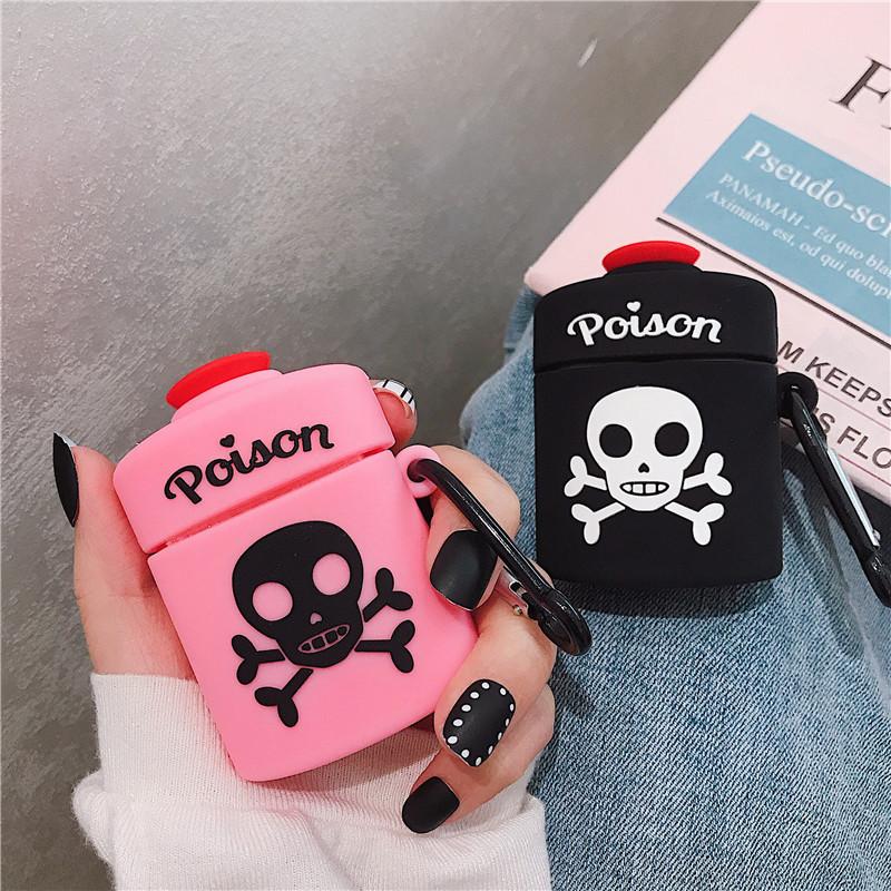 Cute 3D Cartoon Poison Skull Bone Earphone Case for AirPods 2, showcasing a unique design in black and pink silicone material.