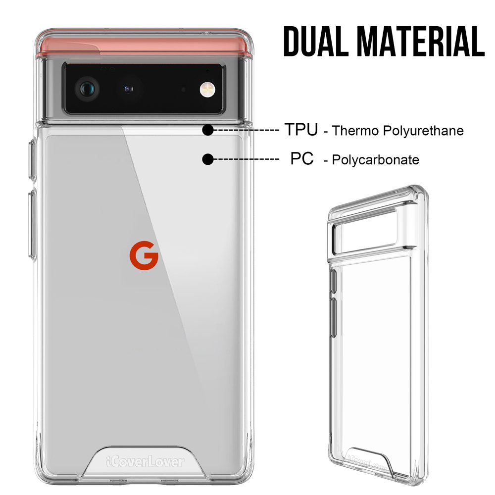 iCoverLover Shockproof Clear Case for Google Pixel 6, showcasing its transparent design and protective features.