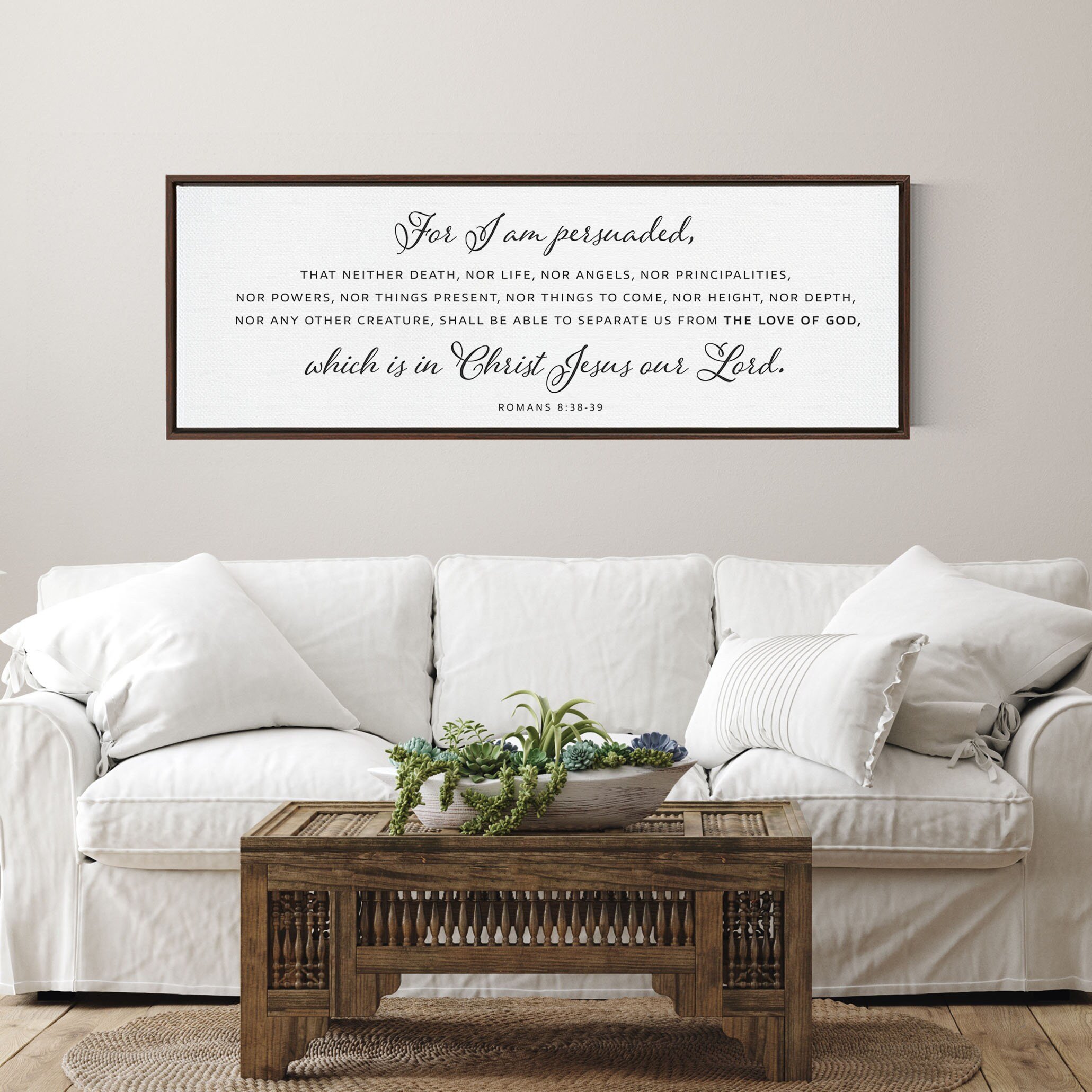 For I Am Persuaded scripture sign featuring Romans 8:38-39, beautifully designed Christian wall decor on museum-grade canvas.