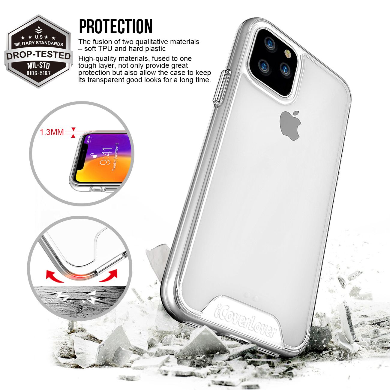 iCoverLover Shockproof Clear Case for iPhone 11 Pro, showcasing a thin and transparent design with anti-scratch bezels.