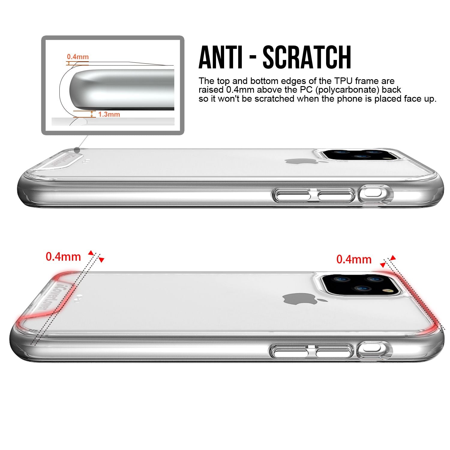 iCoverLover Shockproof Clear Case for iPhone 11 Pro, showcasing a thin and transparent design with anti-scratch bezels.