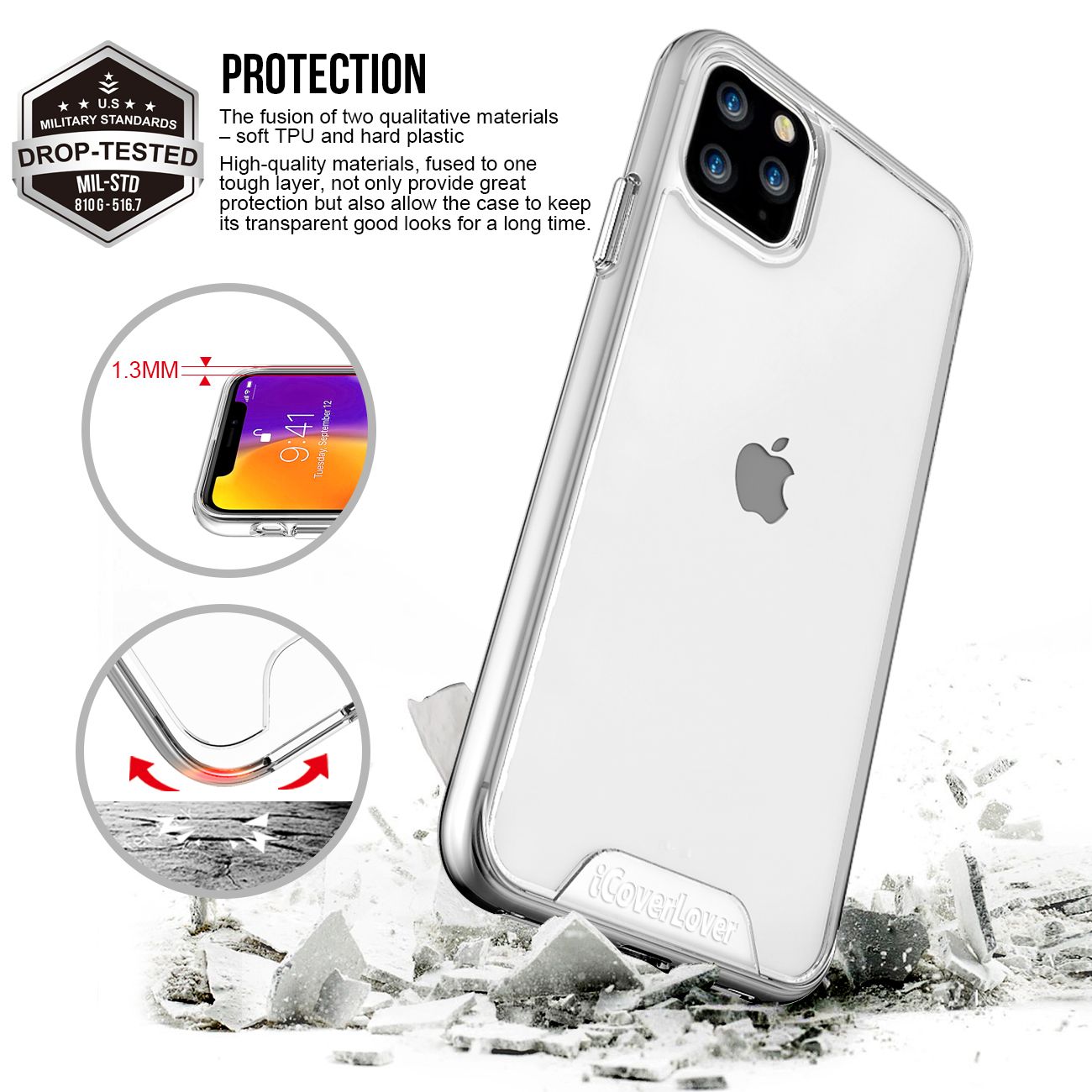 iCoverLover Shockproof Clear Case for iPhone 11 Pro Max, showcasing a transparent design with anti-scratch bezels.