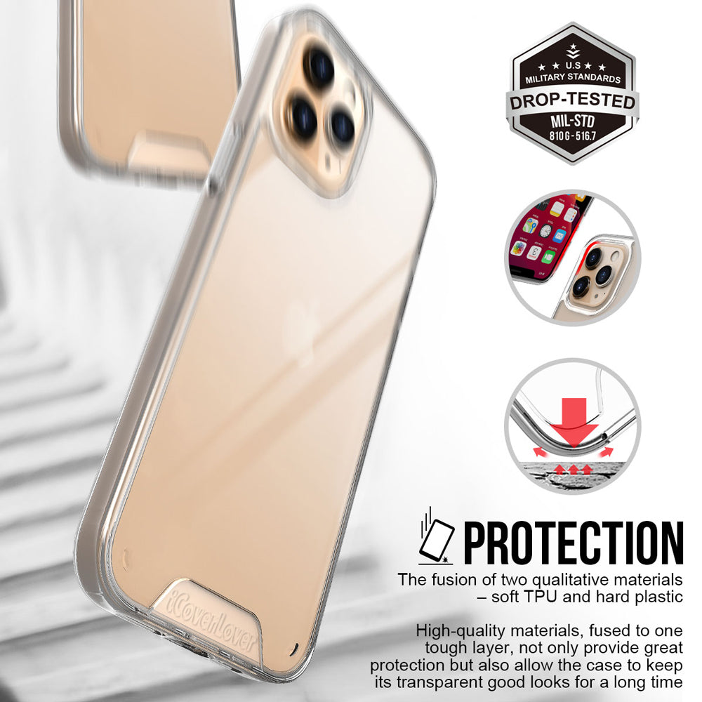 iCoverLover Shockproof Clear Case for iPhone 12 Pro/12, showcasing its transparent design and protective features.