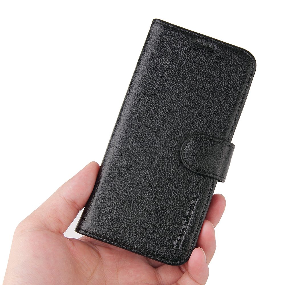 iCoverLover Black Genuine Cow Leather Wallet Case for iPhone 14 Plus with card slots and kickstand feature.