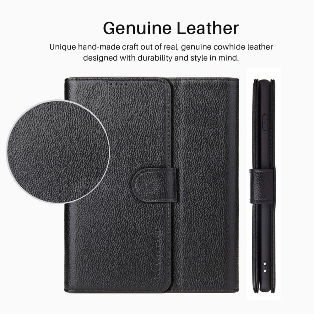 iCoverLover Black Genuine Cow Leather Wallet Case for iPhone 14 Plus with card slots and kickstand feature.