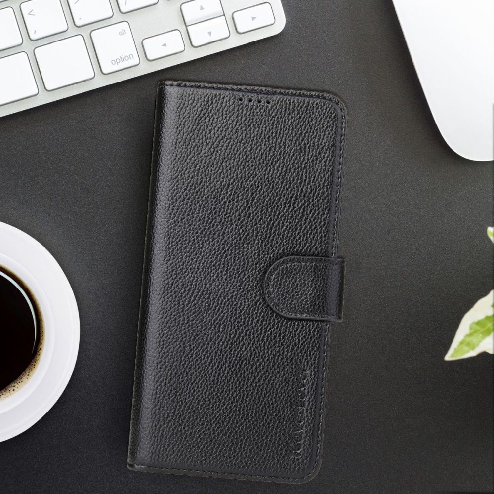 iCoverLover Black Genuine Cow Leather Wallet Case for iPhone 14 Plus with card slots and kickstand feature.