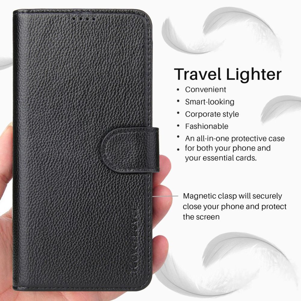 iCoverLover Black Genuine Cow Leather Wallet Case for iPhone 14 Plus with card slots and kickstand feature.