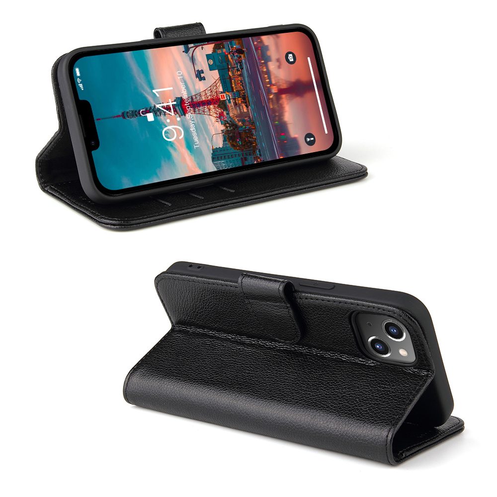 iCoverLover Black Genuine Cow Leather Wallet Case for iPhone 14 Plus with card slots and kickstand feature.