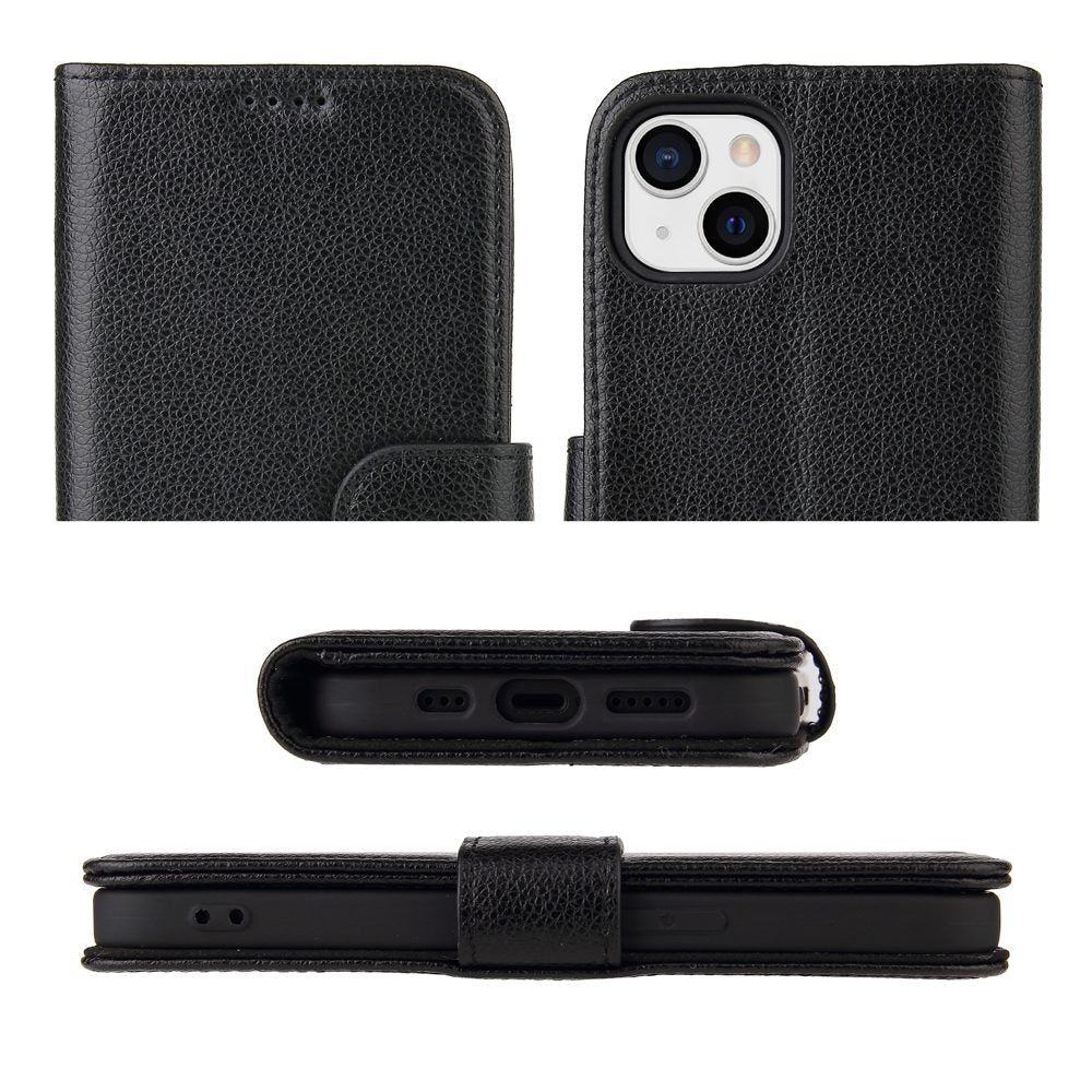 iCoverLover Black Genuine Cow Leather Wallet Case for iPhone 14 Plus with card slots and kickstand feature.