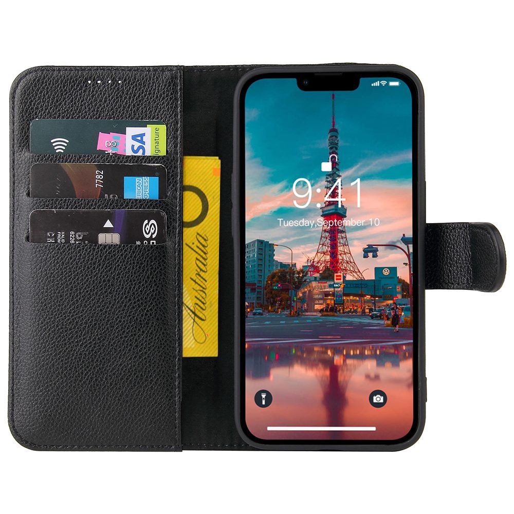 iCoverLover Black Genuine Cow Leather Wallet Case for iPhone 14 Plus with card slots and kickstand feature.