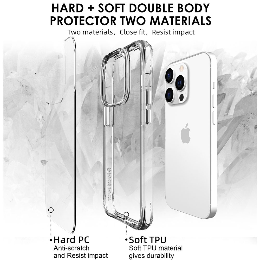 iCoverLover Shockproof Clear Case for iPhone 14 Pro, showcasing its transparent design and protective features.