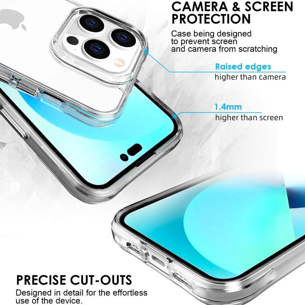 iCoverLover Shockproof Clear Case for iPhone 14 Pro, showcasing its transparent design and protective features.