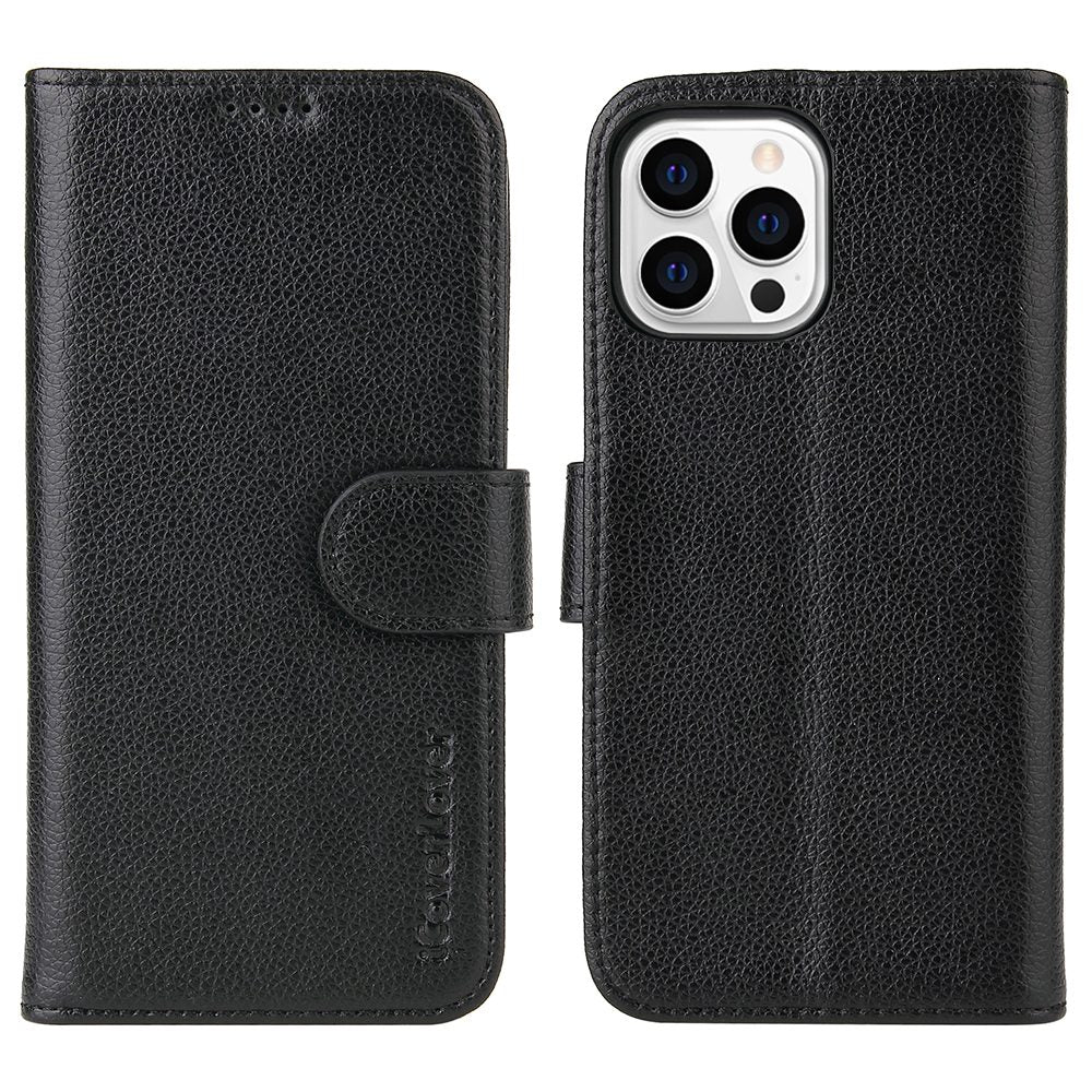 Black genuine cow leather case for iPhone 14 Pro Max with card slots and kickstand.