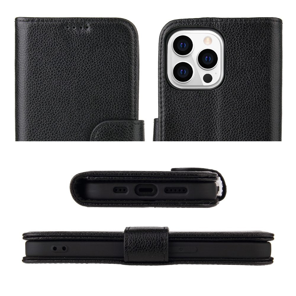 Black genuine cow leather case for iPhone 14 Pro Max with card slots and kickstand.