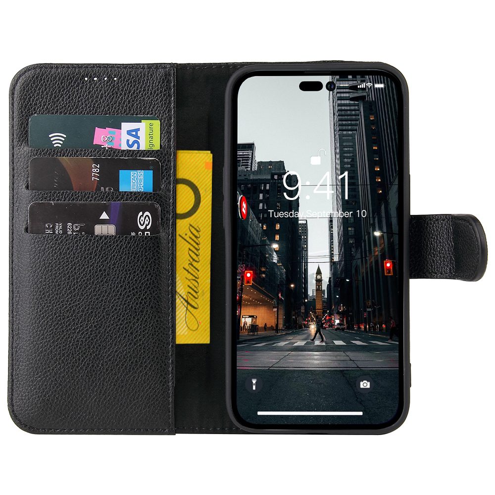 Black genuine cow leather case for iPhone 14 Pro Max with card slots and kickstand.