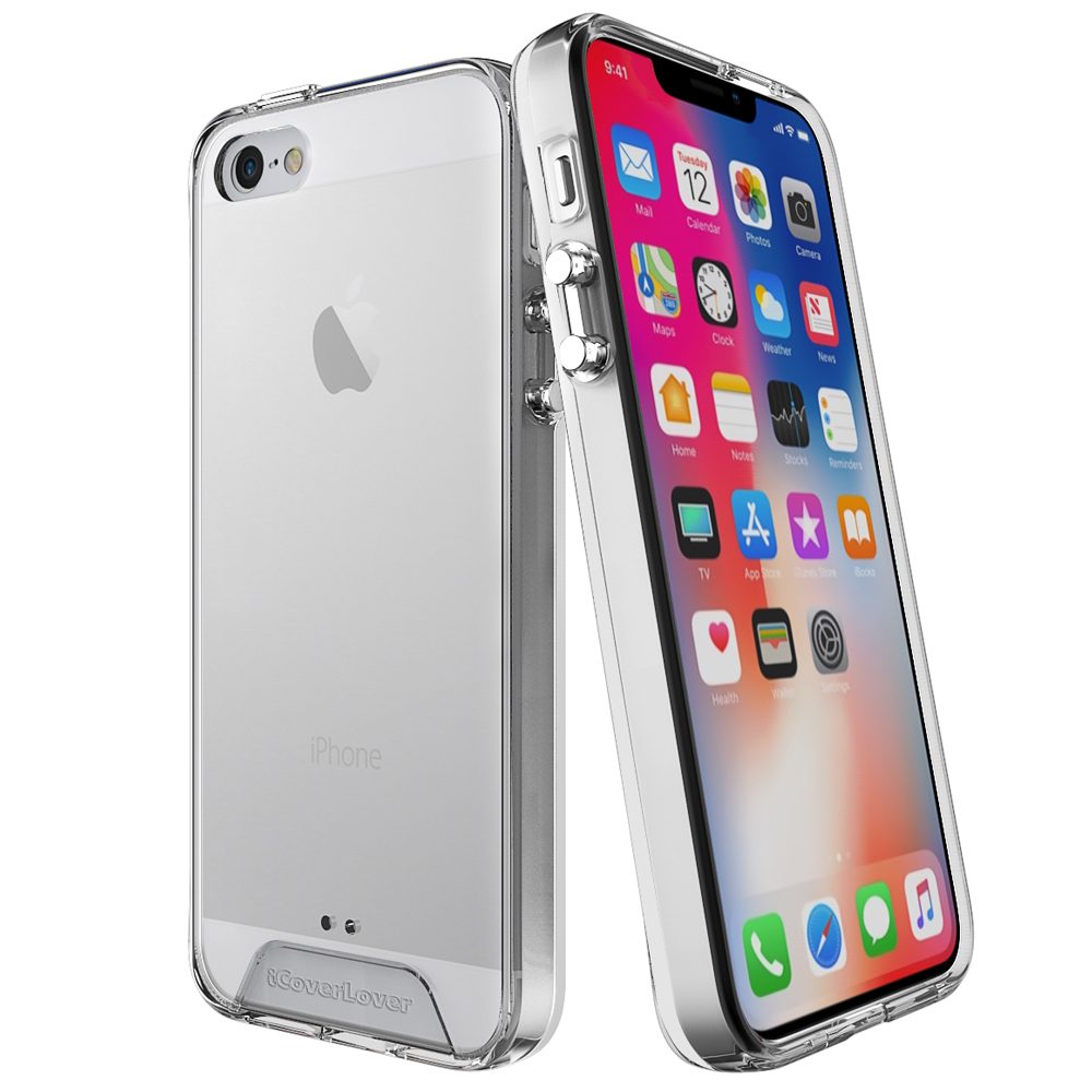 iCoverLover Shockproof Cover for iPhone SE (1st gen 2016), 5s, and 5, showcasing its clear design and protective features.