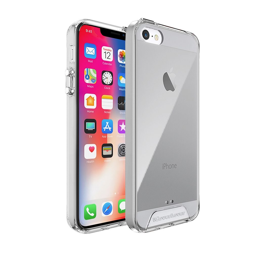 iCoverLover Shockproof Cover for iPhone SE (1st gen 2016), 5s, and 5, showcasing its clear design and protective features.