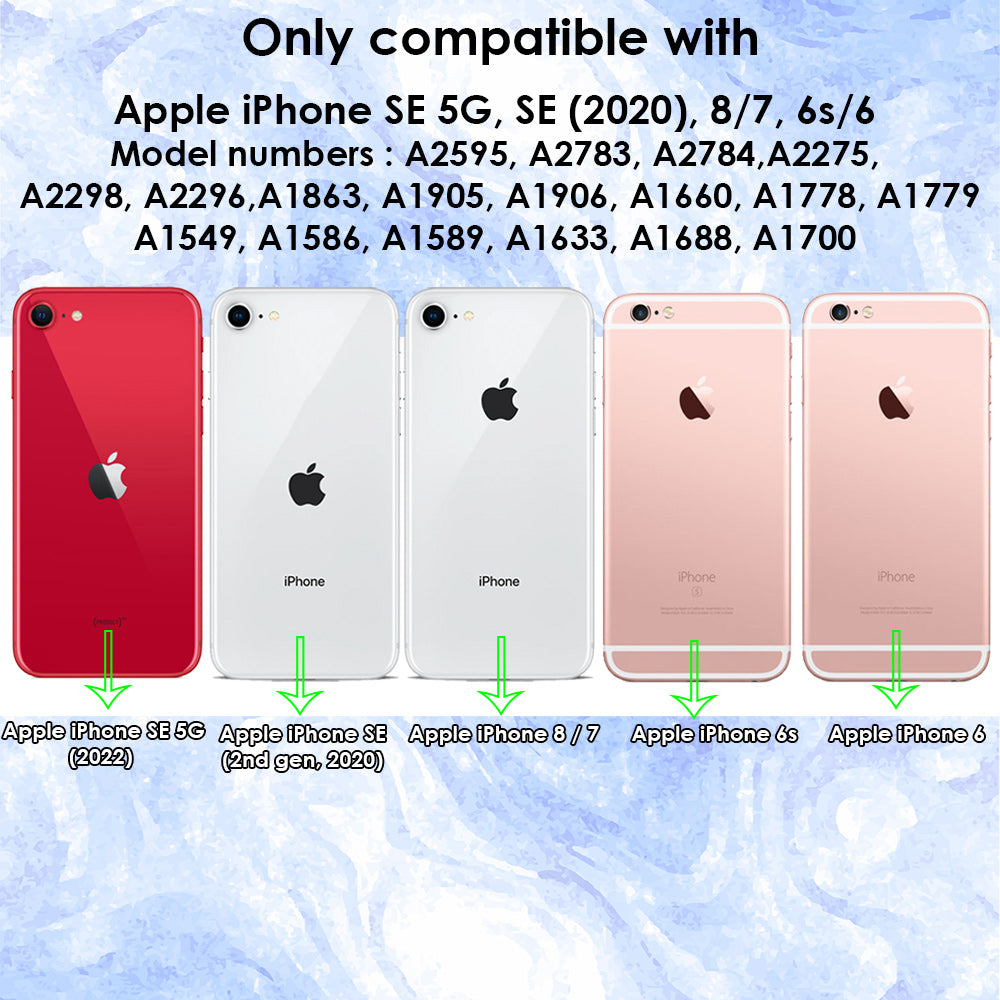 Clear shockproof case for iPhone SE 5G (2022), SE (2020), 8, 7, 6 & 6S, showcasing its sleek design and durable materials.