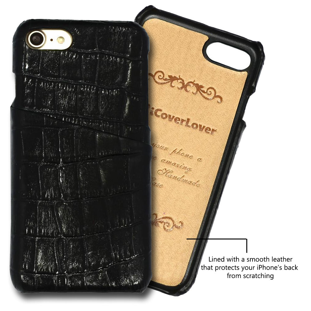 Crocodile Shell Case for iPhone SE 5G, SE (2020), 7, and 8, featuring genuine leather with a textured crocodile pattern and a card slot.