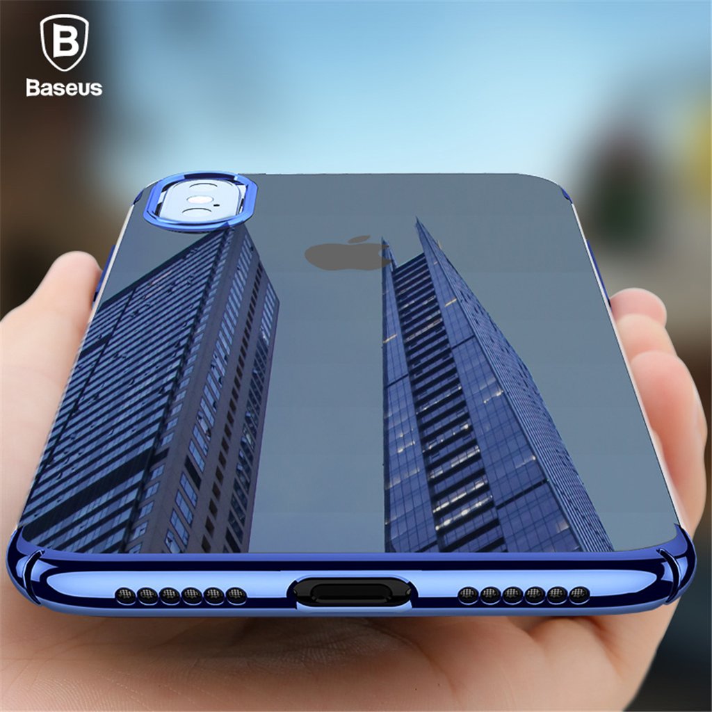 Baseus Luxury Plating Case for iPhone X in various colors including Black, White, Red, and Blue, showcasing its ultra-thin and glossy design.