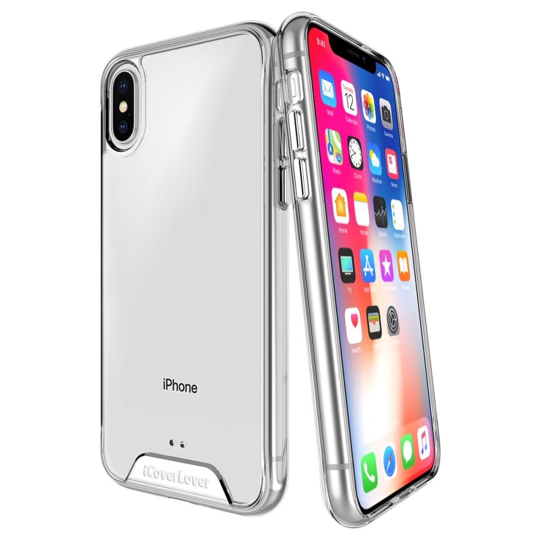 iCoverLover Shockproof Clear Case for iPhone XS and X, showcasing a transparent design with anti-scratch bezels.