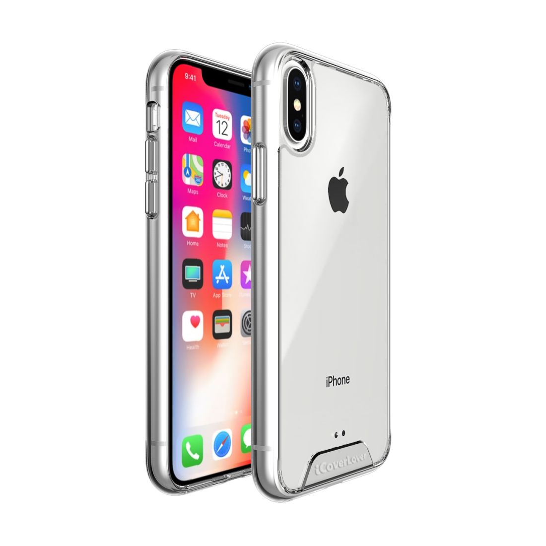 iCoverLover Shockproof Clear Case for iPhone XS and X, showcasing a transparent design with anti-scratch bezels.