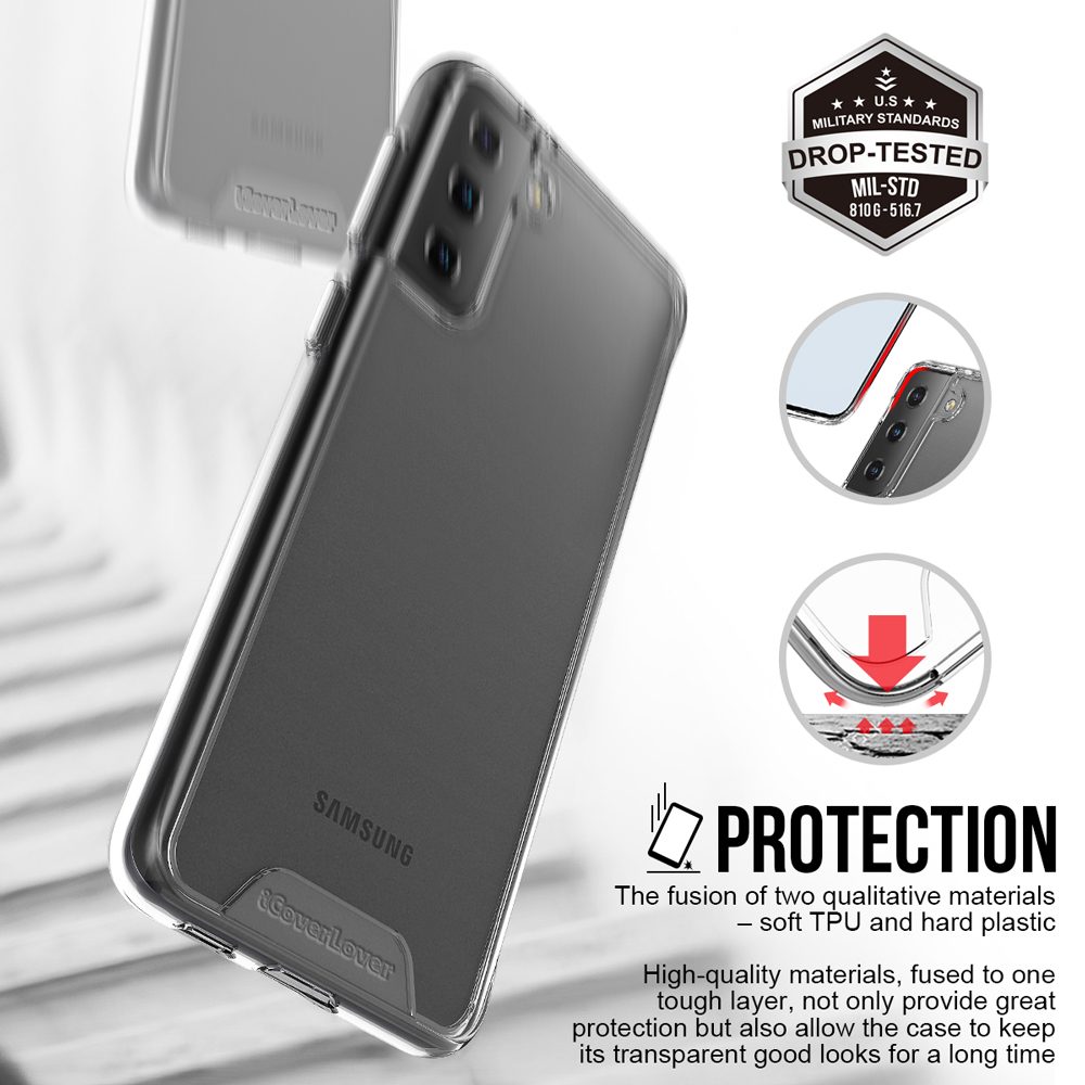 iCoverLover Shockproof Clear Case for Samsung Galaxy S21+ Plus, showcasing its transparent design and durable materials.