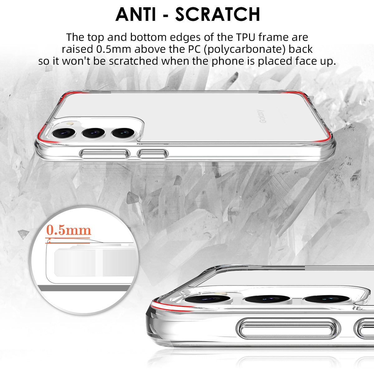 Clear slim shock-proof case for Samsung Galaxy S23, showcasing its design and protective features.