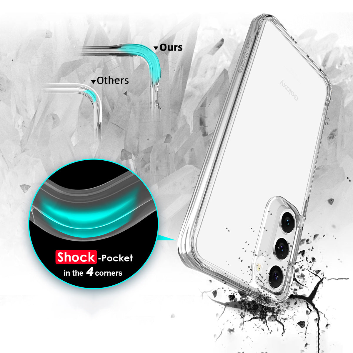 Clear slim shock-proof case for Samsung Galaxy S23, showcasing its design and protective features.