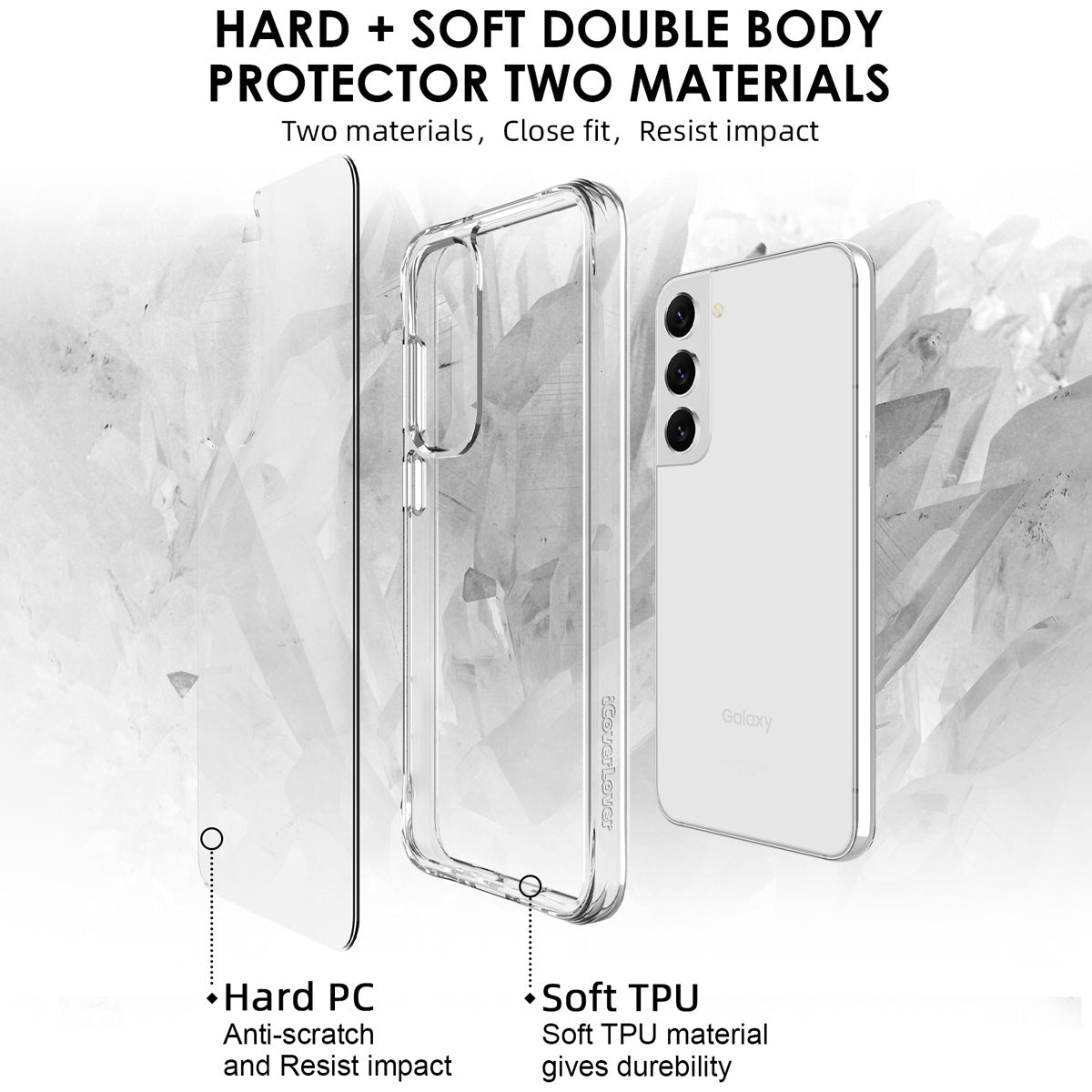 Clear slim shock-proof case for Samsung Galaxy S23, showcasing its design and protective features.