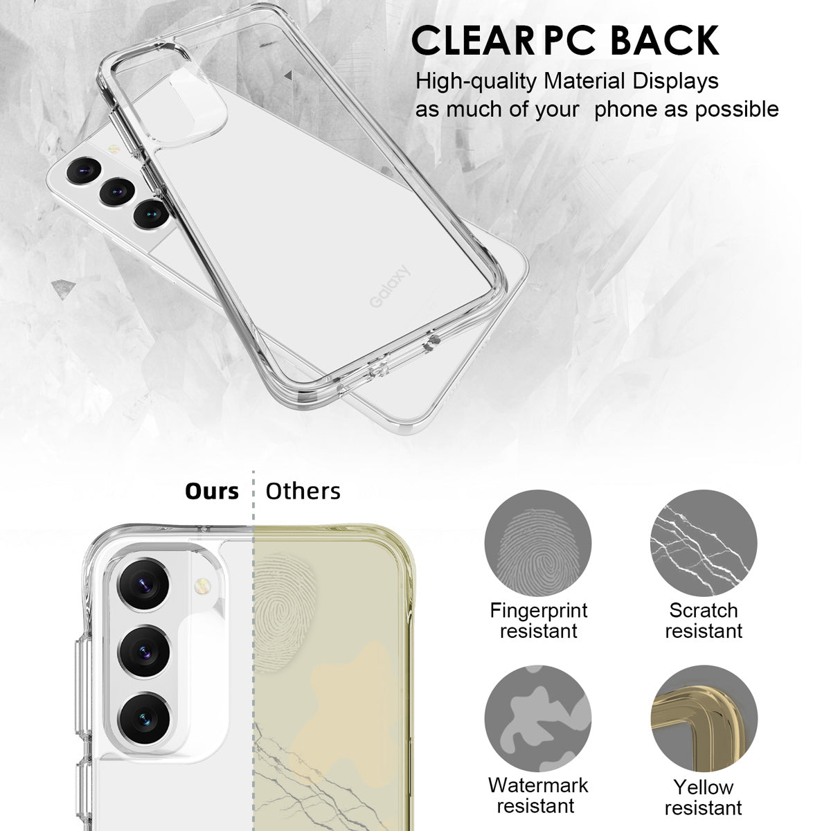 Clear slim shock-proof case for Samsung Galaxy S23, showcasing its design and protective features.