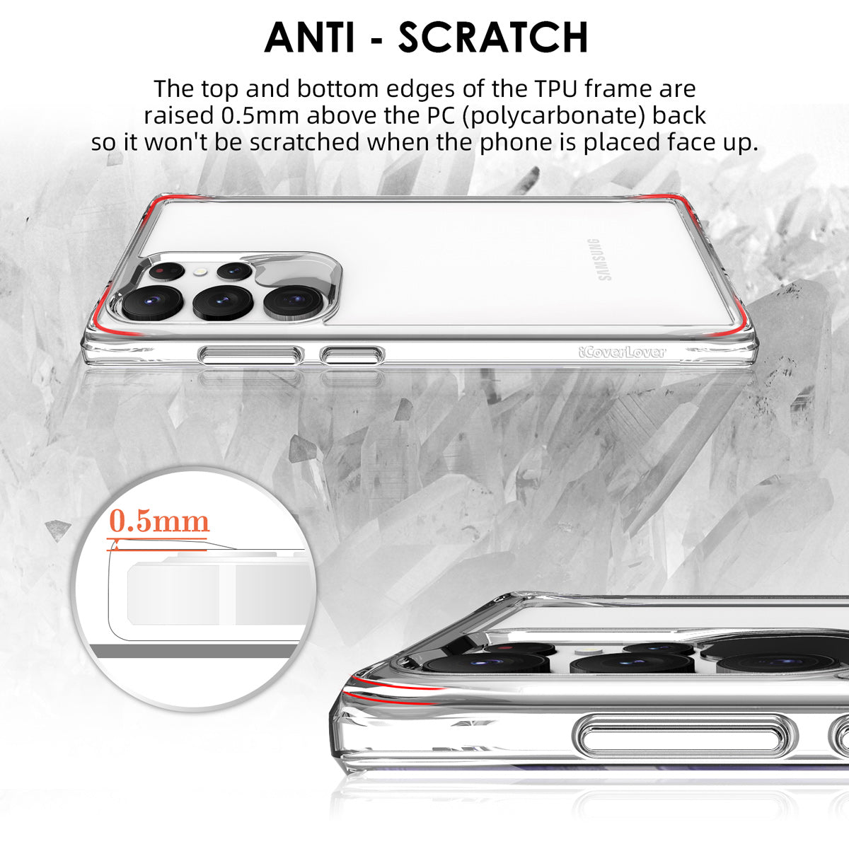 iCoverLover Slim Shock-proof Case for Samsung Galaxy S23 Ultra, showcasing its transparent design and durable materials.