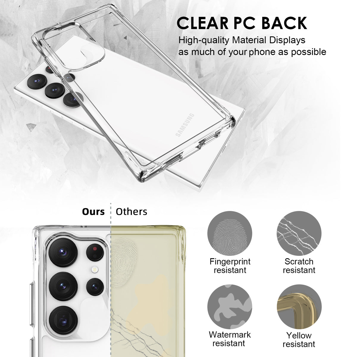 iCoverLover Slim Shock-proof Case for Samsung Galaxy S23 Ultra, showcasing its transparent design and durable materials.