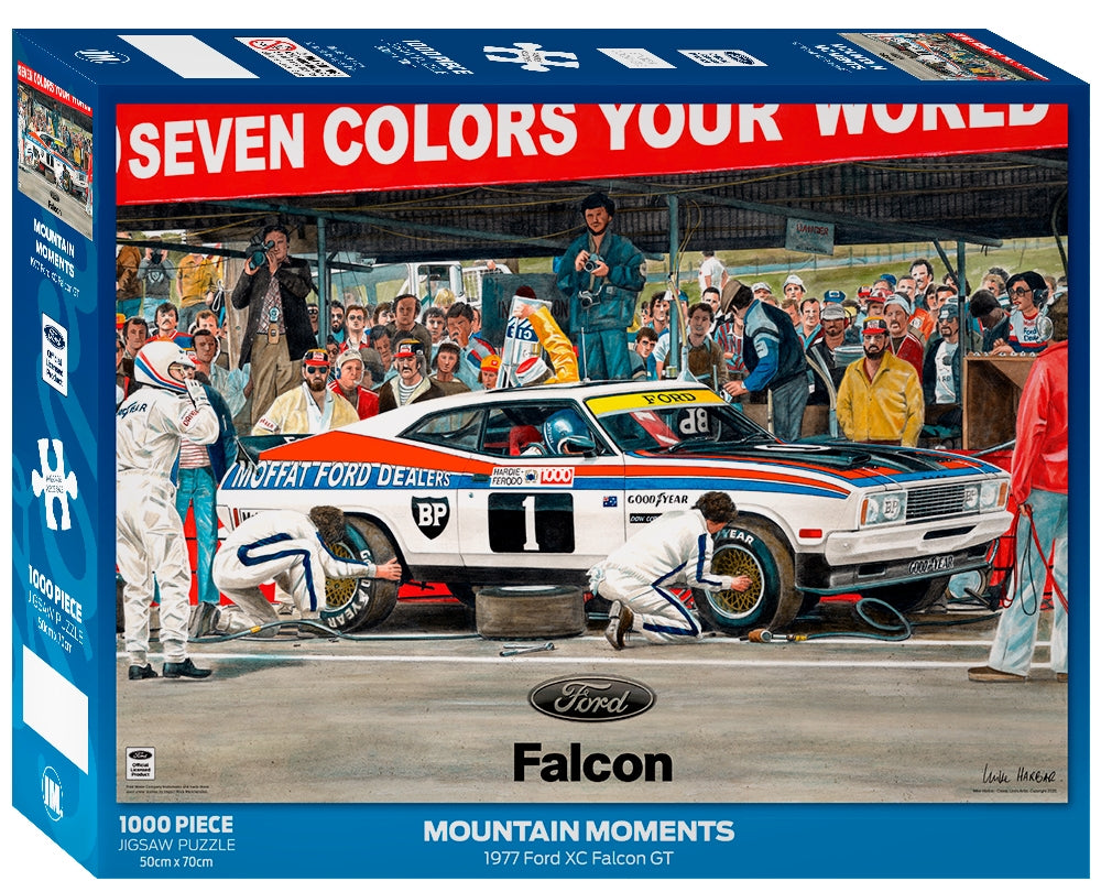 Ford Mountain Moments 1000 Piece Puzzle featuring a classic Bathurst Ford race scene, showcasing vibrant colors and intricate details.